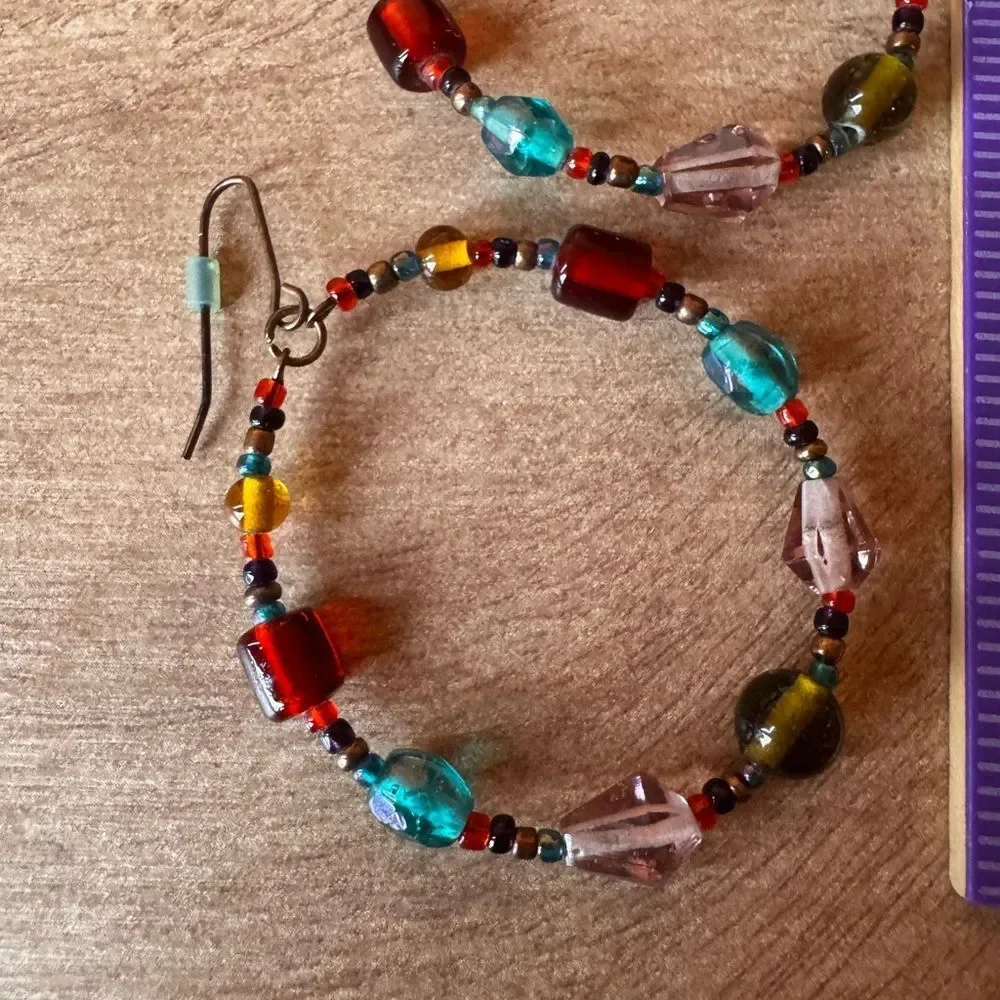 Handmade Glass Artisan Boho Dangle Hoop Earrings Hippie Bohemian Southwestern